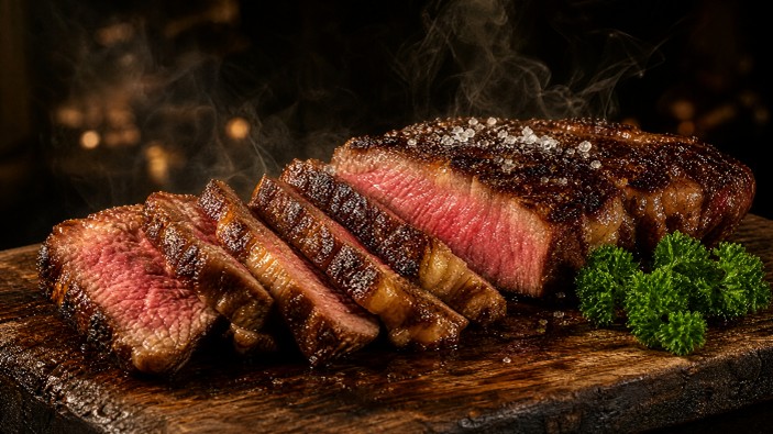 Зажаренный стейк средней прожарки (medium rare), нарезанный крупными кусками с сочной розовой серединой и тонкими прожилками жира, на темной деревянной доске